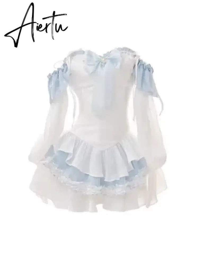 Aiertu Blue Japanese Kawaii Two Piece Set Women Sweet Party Bow Cute Mini Dress Suit Female Korean Style Off Shoulder Elegant Sets Aiertu