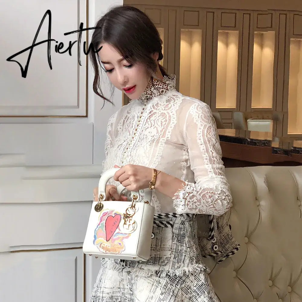 Aiertu Blusas Mujer De Moda Slim Women Shirt Elegant Pearl Blouse Lady Long Sleeve Turtleneck Lace Shirts Autumn Korean Sexy Hollow Top Aiertu