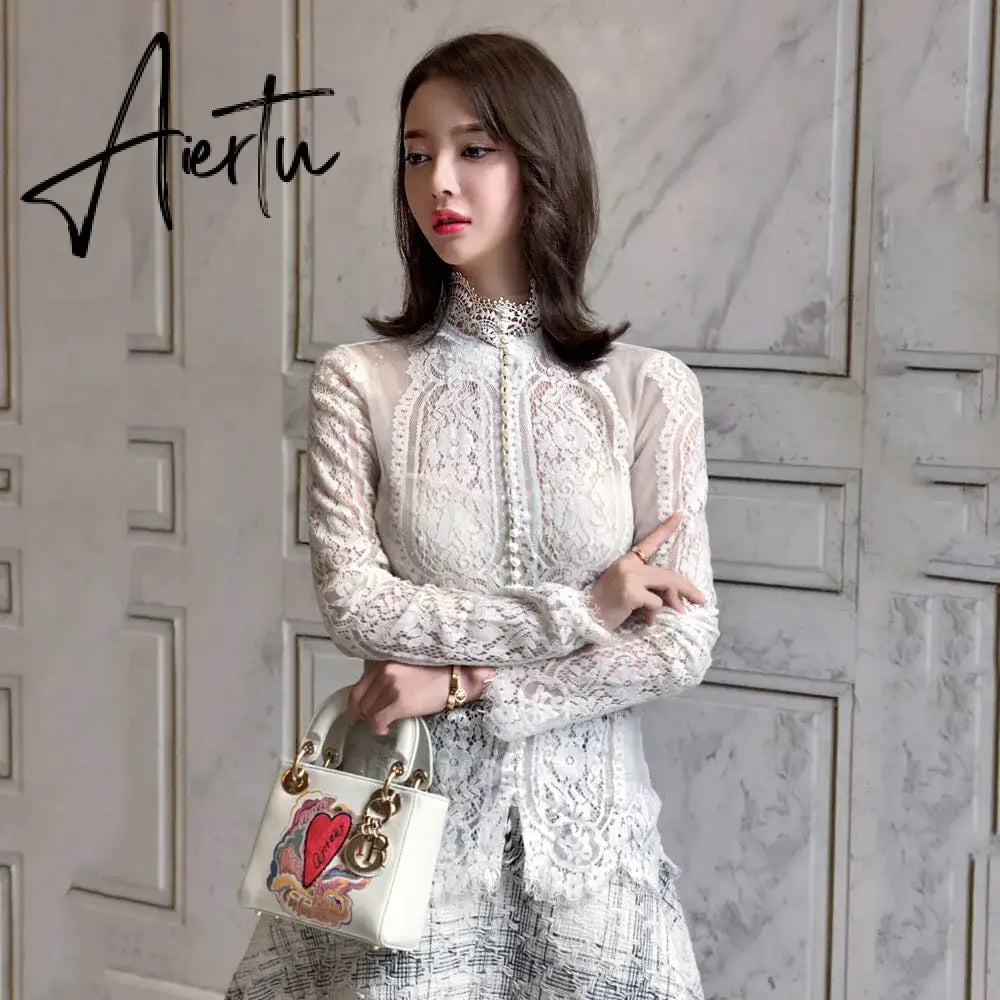 Aiertu Blusas Mujer De Moda Slim Women Shirt Elegant Pearl Blouse Lady Long Sleeve Turtleneck Lace Shirts Autumn Korean Sexy Hollow Top Aiertu