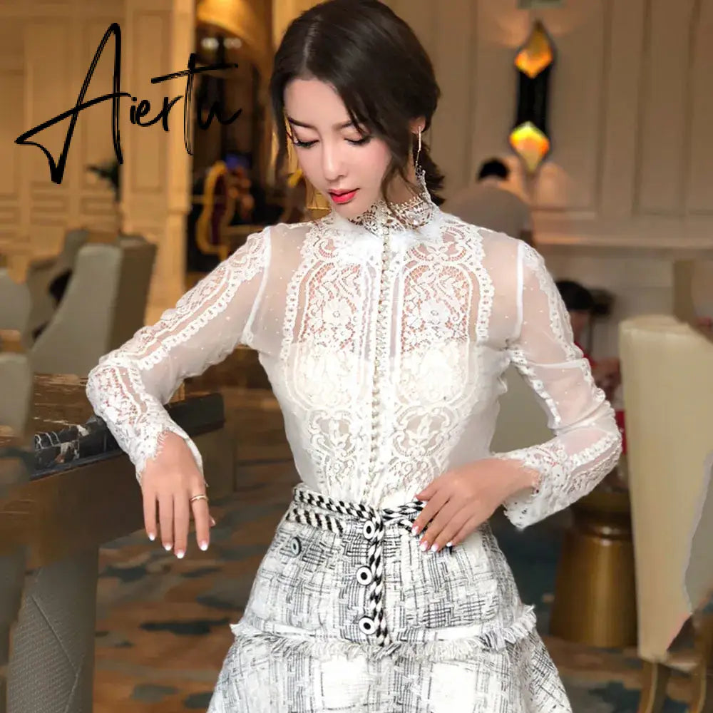 Aiertu Blusas Mujer De Moda Slim Women Shirt Elegant Pearl Blouse Lady Long Sleeve Turtleneck Lace Shirts Autumn Korean Sexy Hollow Top Aiertu