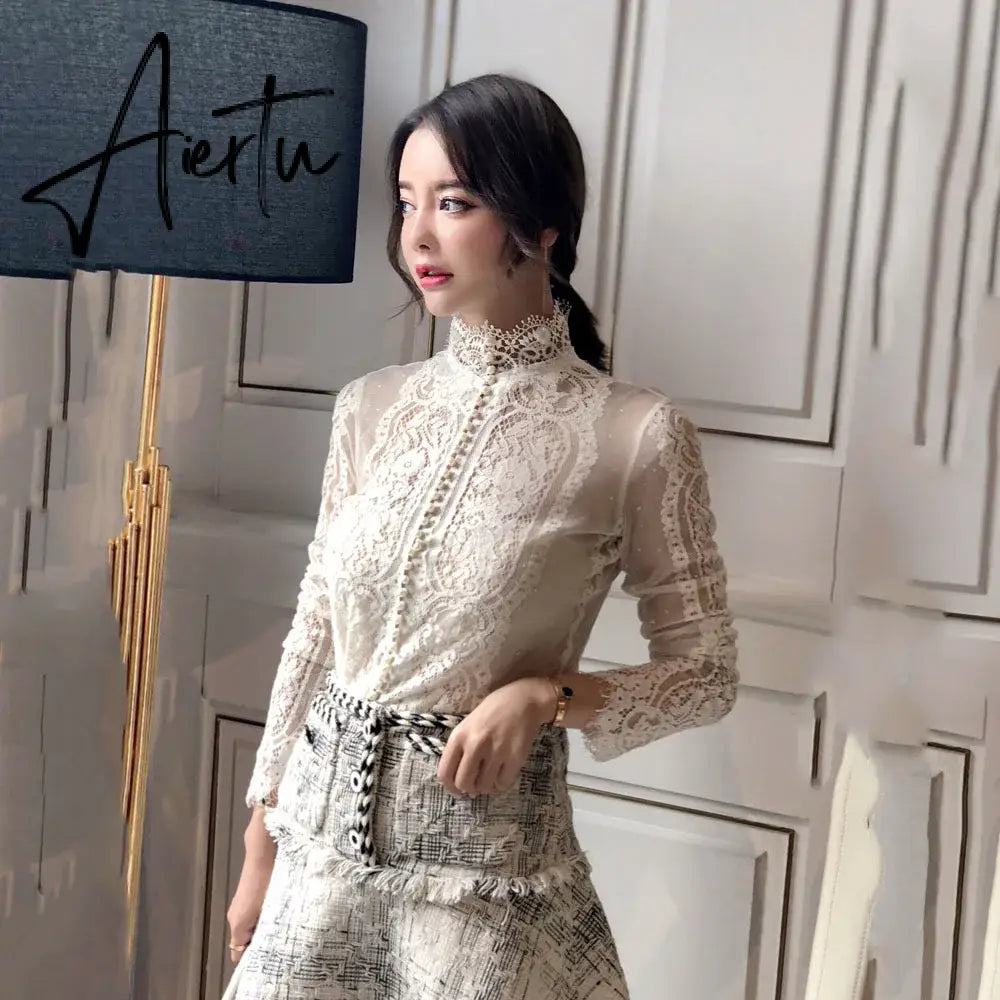 Aiertu Blusas Mujer De Moda Slim Women Shirt Elegant Pearl Blouse Lady Long Sleeve Turtleneck Lace Shirts Autumn Korean Sexy Hollow Top Aiertu