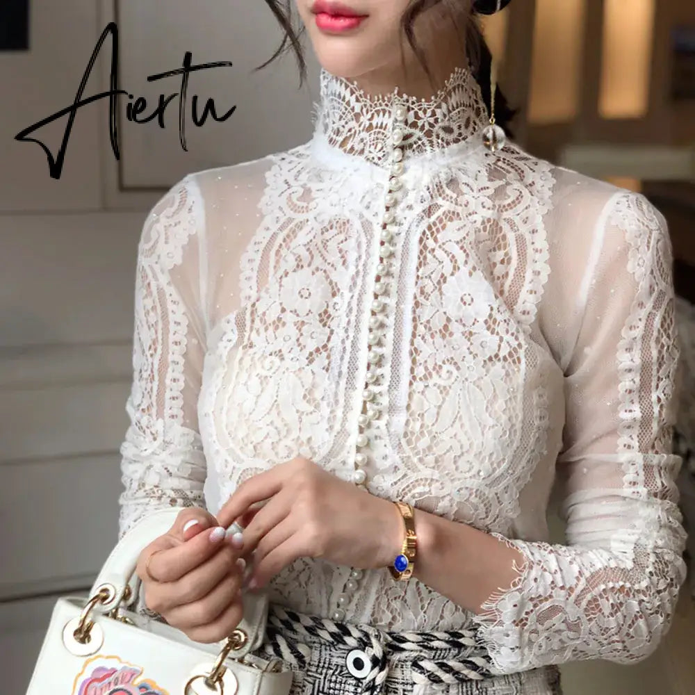 Aiertu Blusas Mujer De Moda Slim Women Shirt Elegant Pearl Blouse Lady Long Sleeve Turtleneck Lace Shirts Autumn Korean Sexy Hollow Top Aiertu