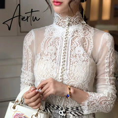Aiertu Blusas Mujer De Moda Slim Women Shirt Elegant Pearl Blouse Lady Long Sleeve Turtleneck Lace Shirts Autumn Korean Sexy Hollow Top Aiertu