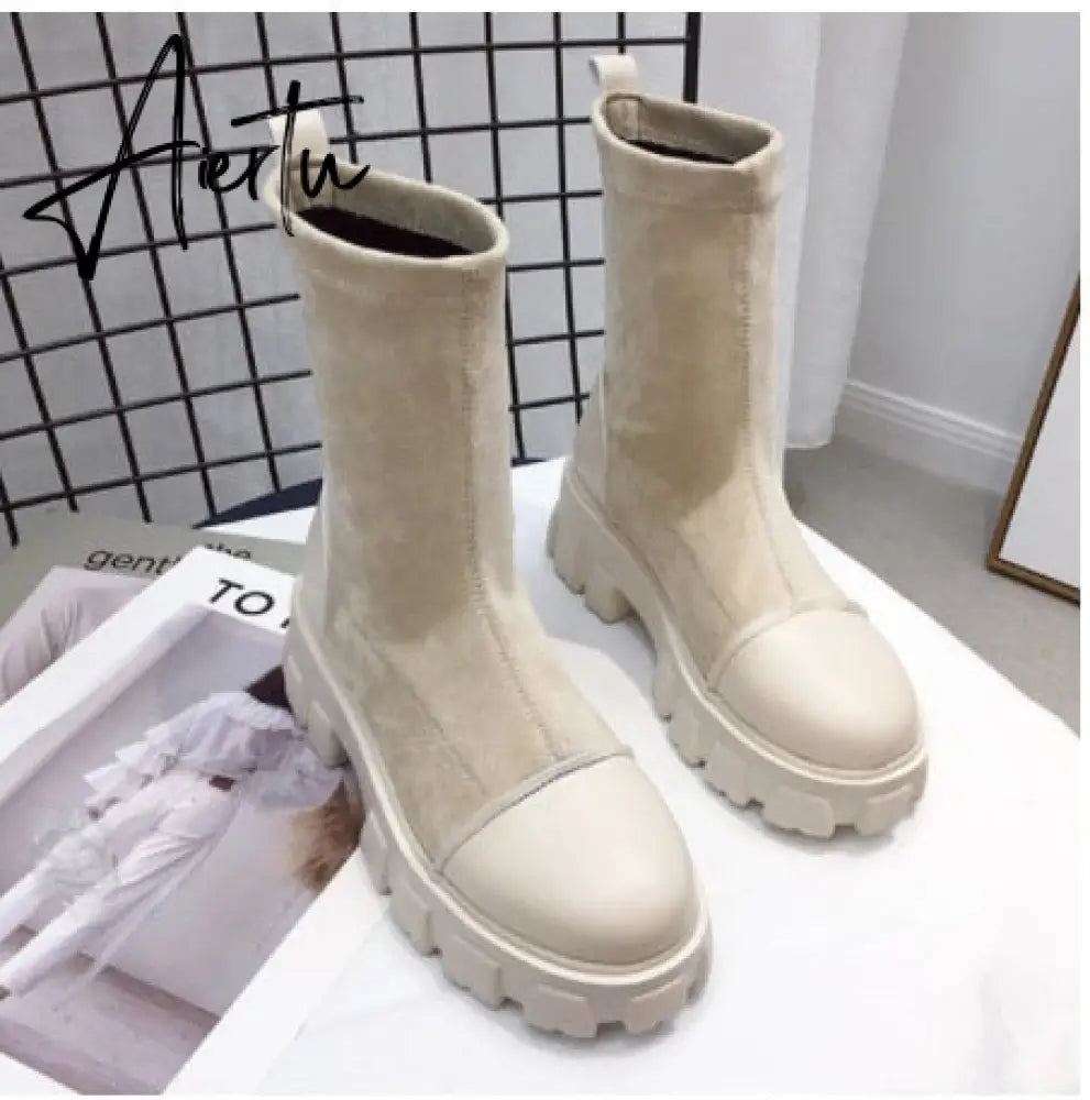 Aiertu  boots woman new ladies casual stretch fabric socks boots fashion Cross-tied women shoes platform boots gothic women Aiertu