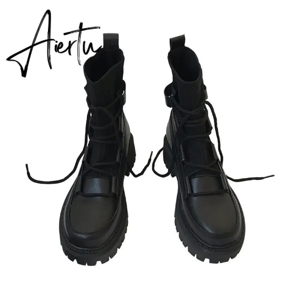 Aiertu  boots woman new ladies casual stretch fabric socks boots fashion Cross-tied women shoes platform boots gothic women Aiertu