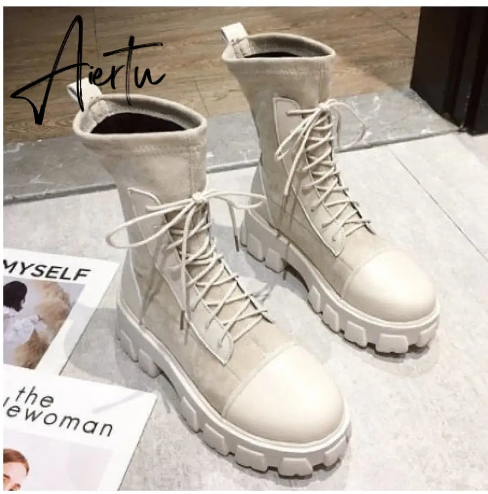 Aiertu  boots woman new ladies casual stretch fabric socks boots fashion Cross-tied women shoes platform boots gothic women Aiertu