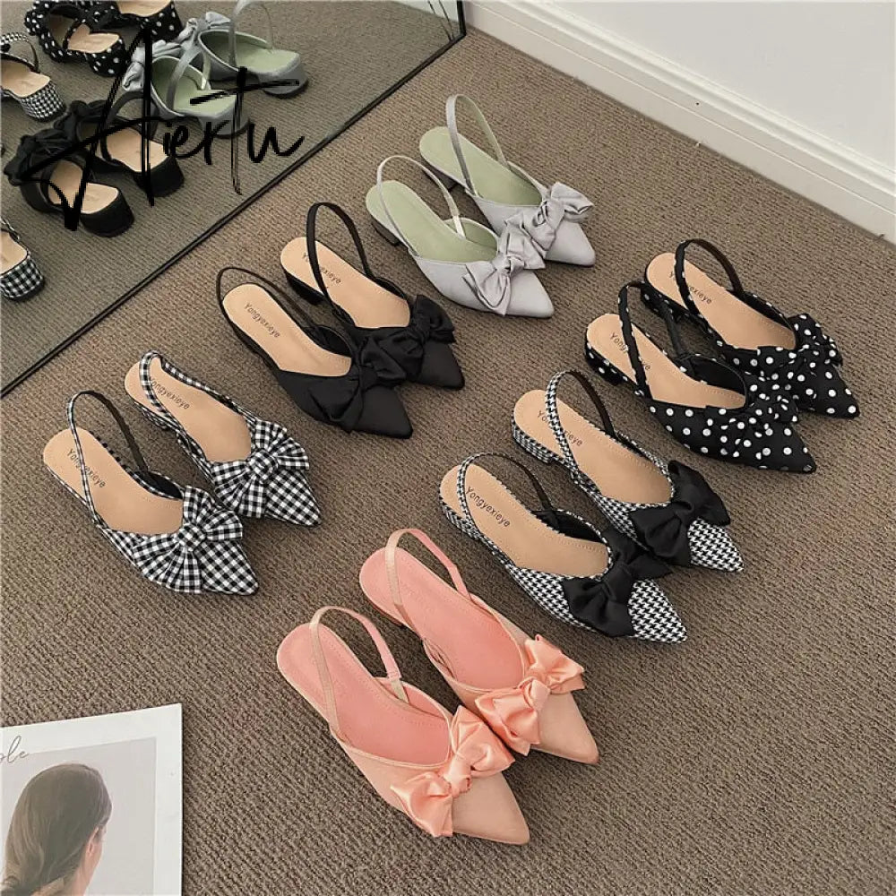 Aiertu Bow Sandals Women Summer Pointed Low Heel Sandals Women Fashion Baotou Thin Strap Sandals High Heels Sandalias De Mujer Aiertu