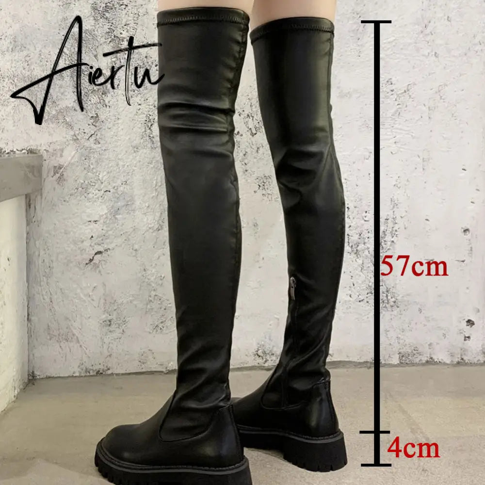 Aiertu Brand Design Skidproof Sole Cosy Chunky Heels Fashion Stylish Leisure Cool Add Fur Winter Over The Knee High Boots Shoes Women Aiertu