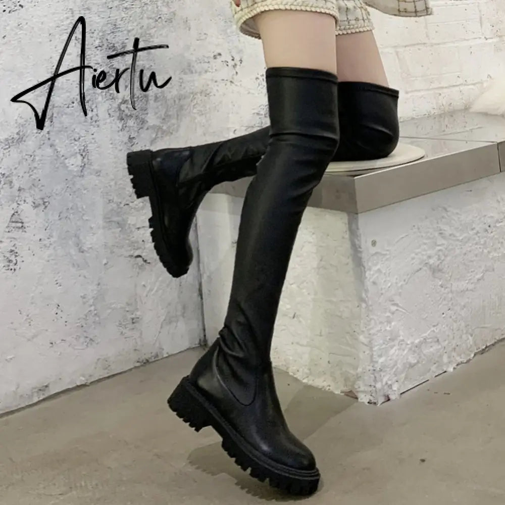 Aiertu Brand Design Skidproof Sole Cosy Chunky Heels Fashion Stylish Leisure Cool Add Fur Winter Over The Knee High Boots Shoes Women Aiertu