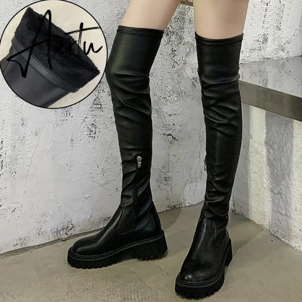 Aiertu Brand Design Skidproof Sole Cosy Chunky Heels Fashion Stylish Leisure Cool Add Fur Winter Over The Knee High Boots Shoes Women Aiertu