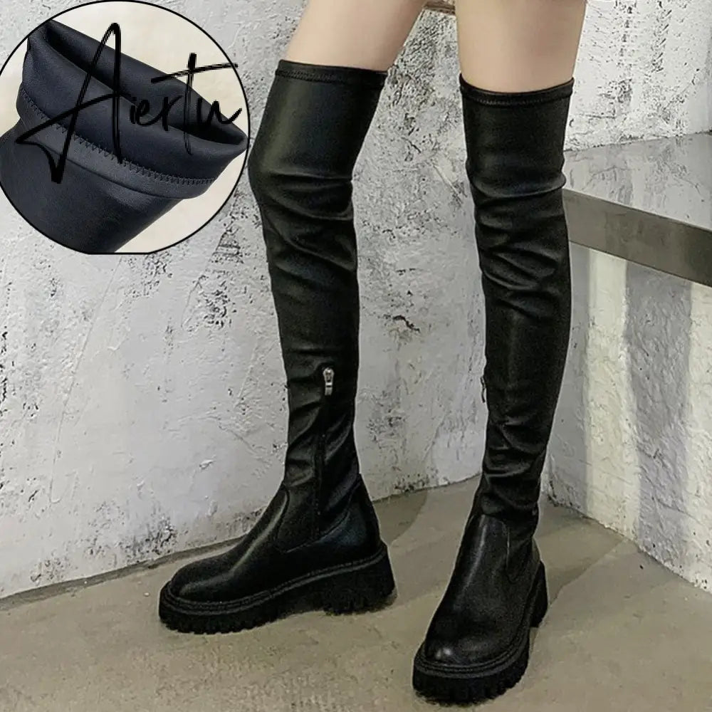 Aiertu Brand Design Skidproof Sole Cosy Chunky Heels Fashion Stylish Leisure Cool Add Fur Winter Over The Knee High Boots Shoes Women Aiertu