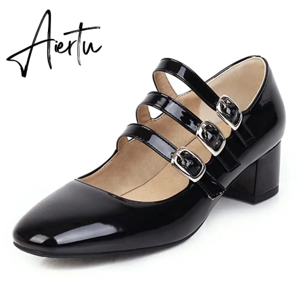 Aiertu Brand Designer Ladies Shoes Big Sizes Square Toe Mary Janes Women Office Shoes Pumps Mid Heel Patent Leather Spring Aiertu