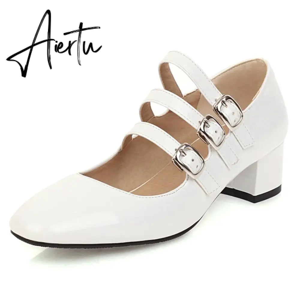 Aiertu Brand Designer Ladies Shoes Big Sizes Square Toe Mary Janes Women Office Shoes Pumps Mid Heel Patent Leather Spring Aiertu