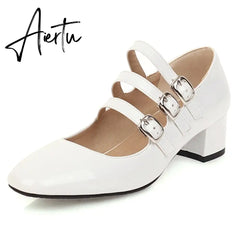 Aiertu Brand Designer Ladies Shoes Big Sizes Square Toe Mary Janes Women Office Shoes Pumps Mid Heel Patent Leather Spring Aiertu