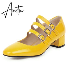 Aiertu Brand Designer Ladies Shoes Big Sizes Square Toe Mary Janes Women Office Shoes Pumps Mid Heel Patent Leather Spring Aiertu