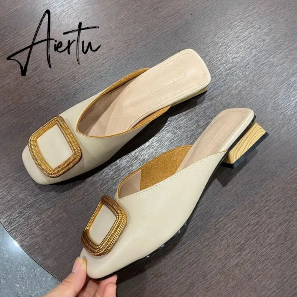 Aiertu Brand Designer Women Slippers Slip On Mules Flat Heel Casual Shoes British Buckle Slides Wooden Block Heels Summer Footwear Aiertu
