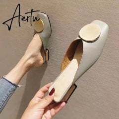 Aiertu Brand Designer Women Slippers Slip On Mules Flat Heel Casual Shoes British Buckle Slides Wooden Block Heels Summer Footwear Aiertu