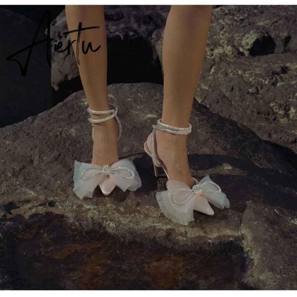 Aiertu Brand Fashion Big Bowknot Women Pumps Luxury Crystal Satin High heels Party Prom Shoes Ankle Strap Summer Wedding Bridal Shoes Aiertu