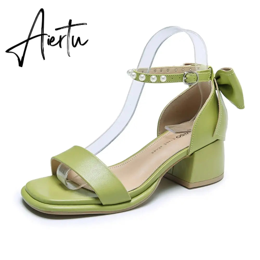 Aiertu Brand Ladies Sandal Spring New Fairy Pearl Sandals Sweet Square Heel with Mesh Crystal Temperament High Heels Tenis Masculino Aiertu