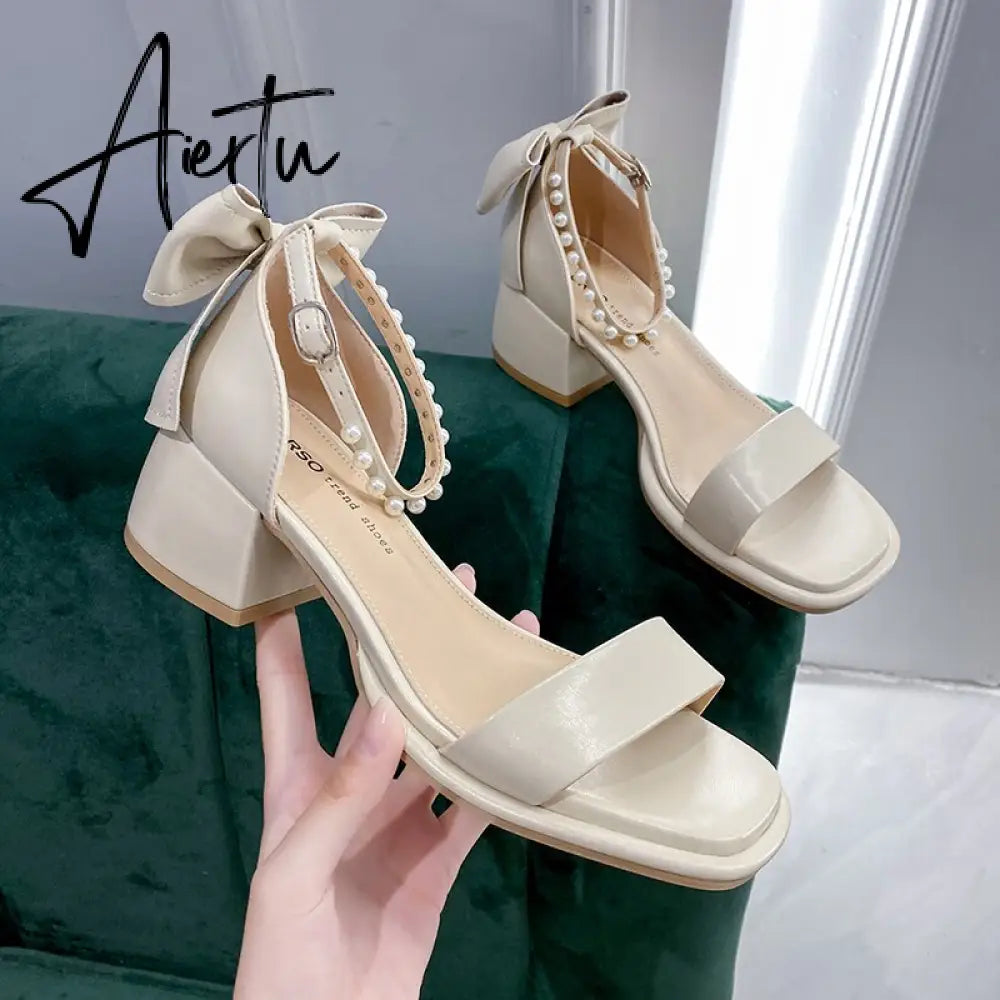 Aiertu Brand Ladies Sandal Spring New Fairy Pearl Sandals Sweet Square Heel with Mesh Crystal Temperament High Heels Tenis Masculino Aiertu