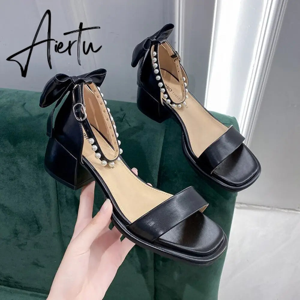 Aiertu Brand Ladies Sandal Spring New Fairy Pearl Sandals Sweet Square Heel with Mesh Crystal Temperament High Heels Tenis Masculino Aiertu