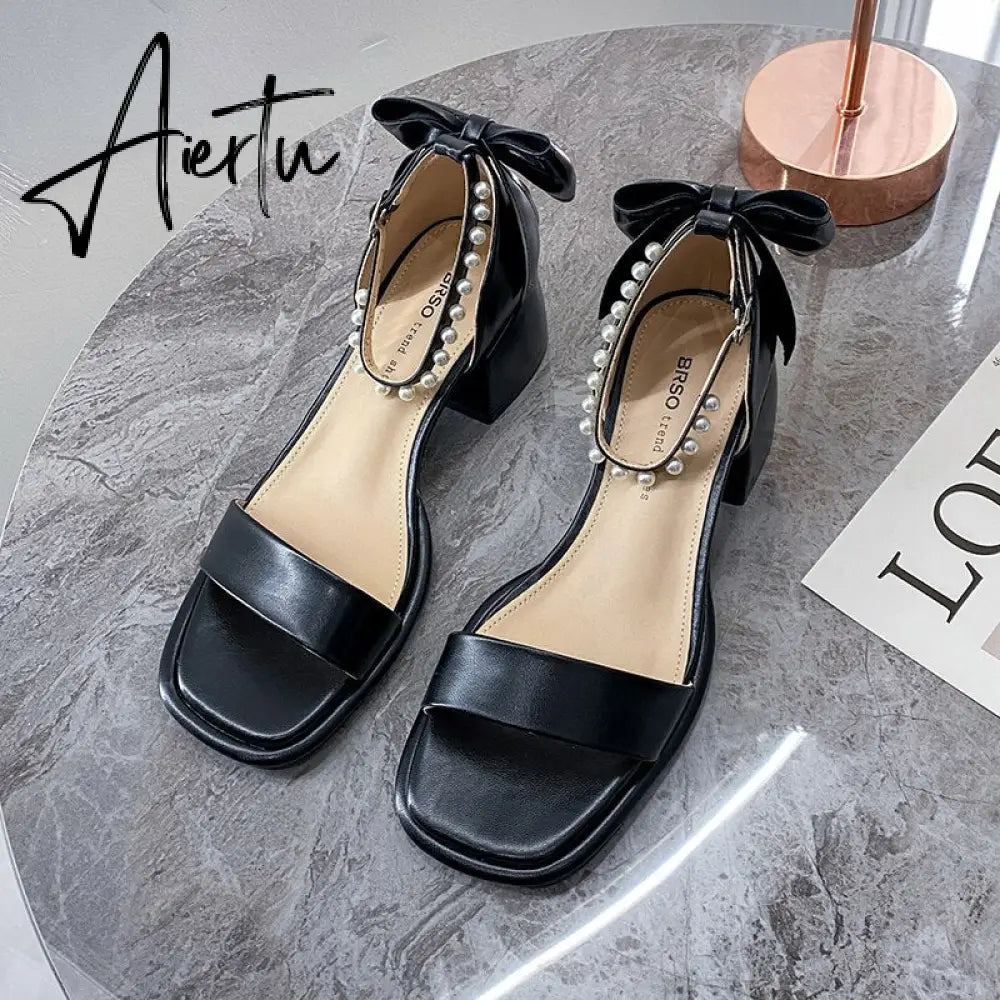 Aiertu Brand Ladies Sandal Spring New Fairy Pearl Sandals Sweet Square Heel with Mesh Crystal Temperament High Heels Tenis Masculino Aiertu