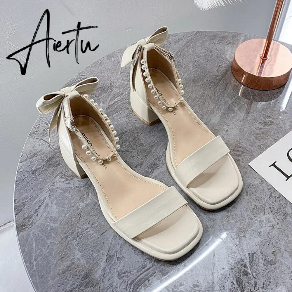 Aiertu Brand Ladies Sandal Spring New Fairy Pearl Sandals Sweet Square Heel with Mesh Crystal Temperament High Heels Tenis Masculino Aiertu