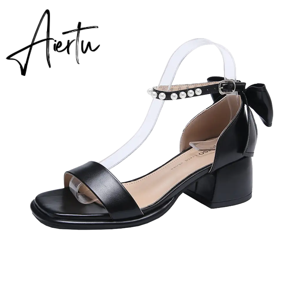 Aiertu Brand Ladies Sandal Spring New Fairy Pearl Sandals Sweet Square Heel with Mesh Crystal Temperament High Heels Tenis Masculino Aiertu