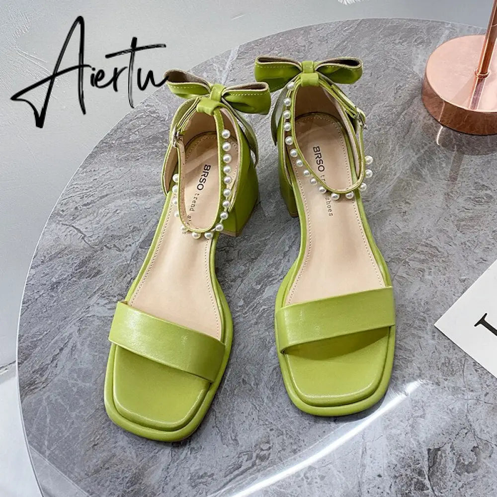 Aiertu Brand Ladies Sandal Spring New Fairy Pearl Sandals Sweet Square Heel with Mesh Crystal Temperament High Heels Tenis Masculino Aiertu