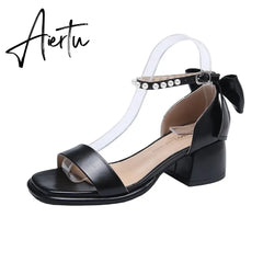 Aiertu Brand Ladies Sandal Spring New Fairy Pearl Sandals Sweet Square Heel with Mesh Crystal Temperament High Heels Tenis Masculino Aiertu