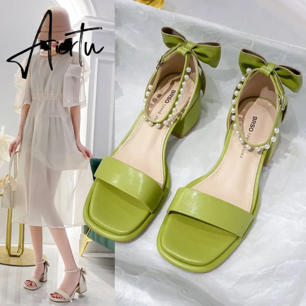 Aiertu Brand Ladies Sandal Spring New Fairy Pearl Sandals Sweet Square Heel with Mesh Crystal Temperament High Heels Tenis Masculino Aiertu