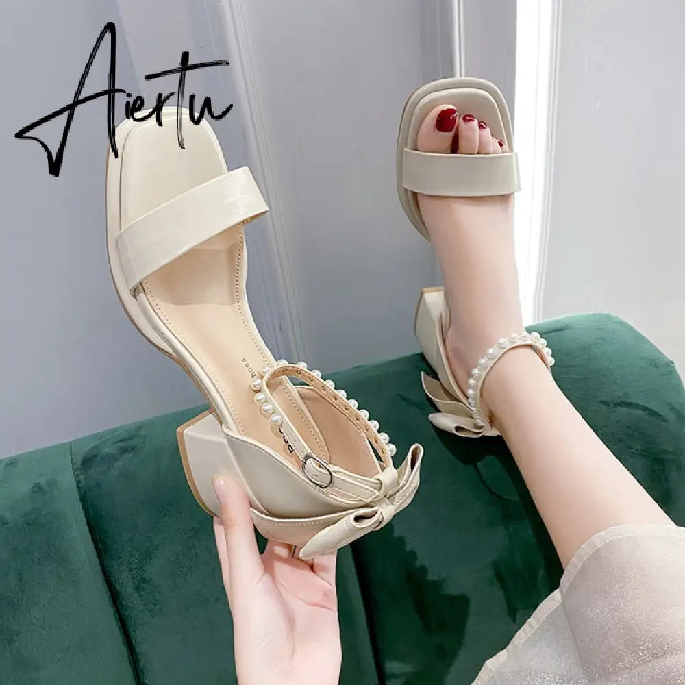 Aiertu Brand Ladies Sandal Spring New Fairy Pearl Sandals Sweet Square Heel with Mesh Crystal Temperament High Heels Tenis Masculino Aiertu
