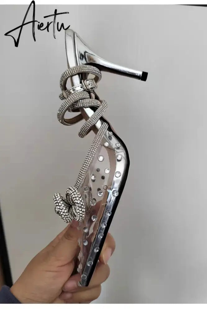 Aiertu Brand Luxury Crystal Sequined Bowknot Women Pumps Sexy Ankle Strap High heels Female Sandals Summer Fashion Wedding Prom Shoes Aiertu