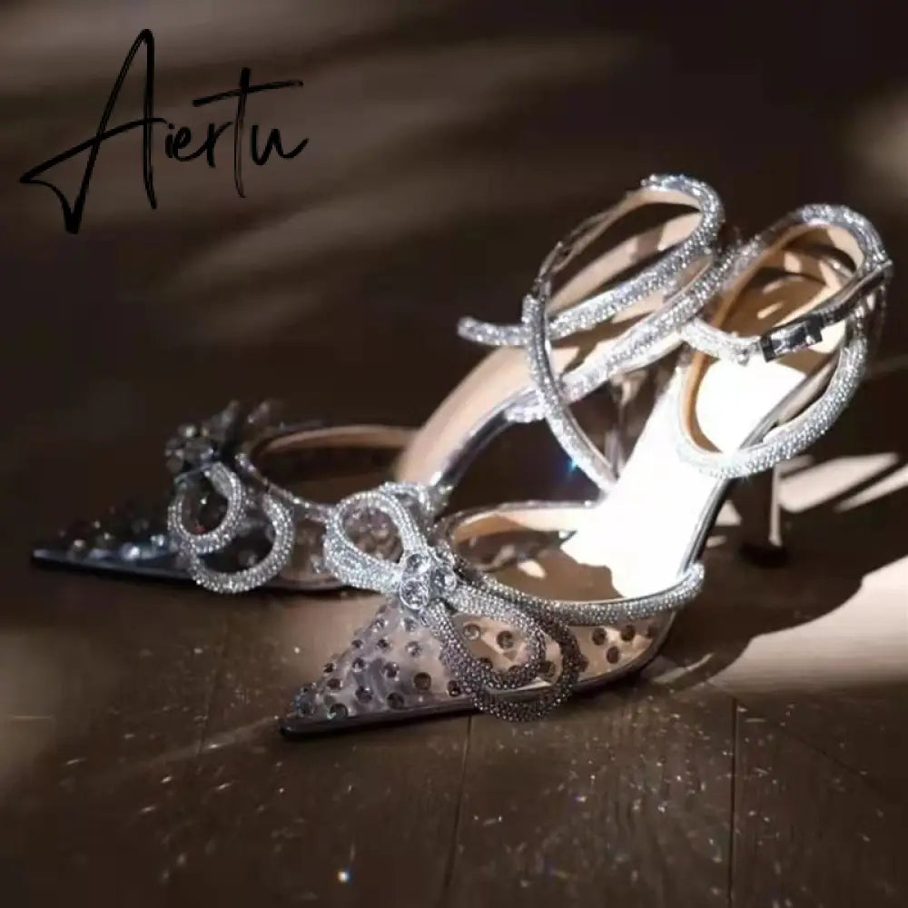 Aiertu Brand Luxury Crystal Sequined Bowknot Women Pumps Sexy Ankle Strap High heels Female Sandals Summer Fashion Wedding Prom Shoes Aiertu
