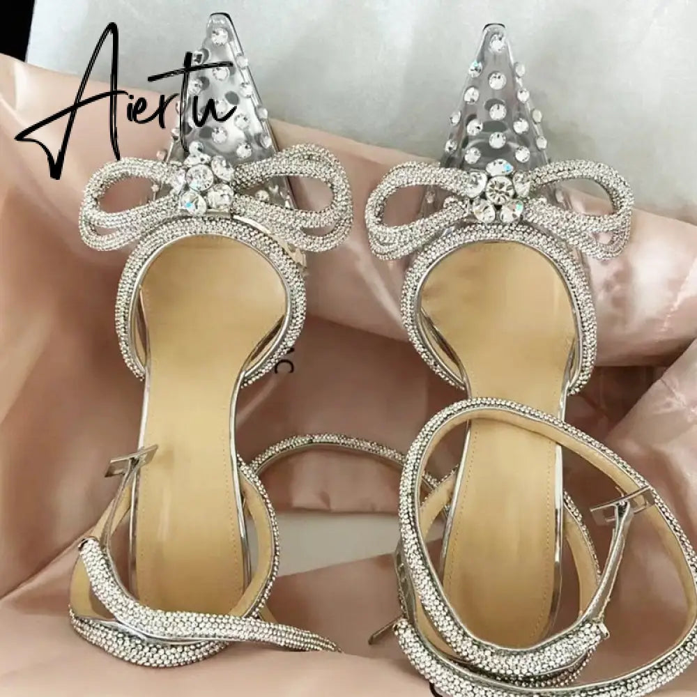Aiertu Brand Luxury Crystal Sequined Bowknot Women Pumps Sexy Ankle Strap High heels Female Sandals Summer Fashion Wedding Prom Shoes Aiertu