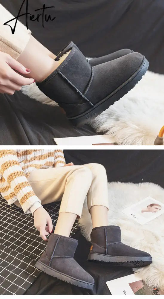 Aiertu  Brand Women's Shoes Australian Boots Winter Footwear Round Toe Flat Heel Boots-Women Fashion Snow Low Ladies Ankle Cotton Aiertu