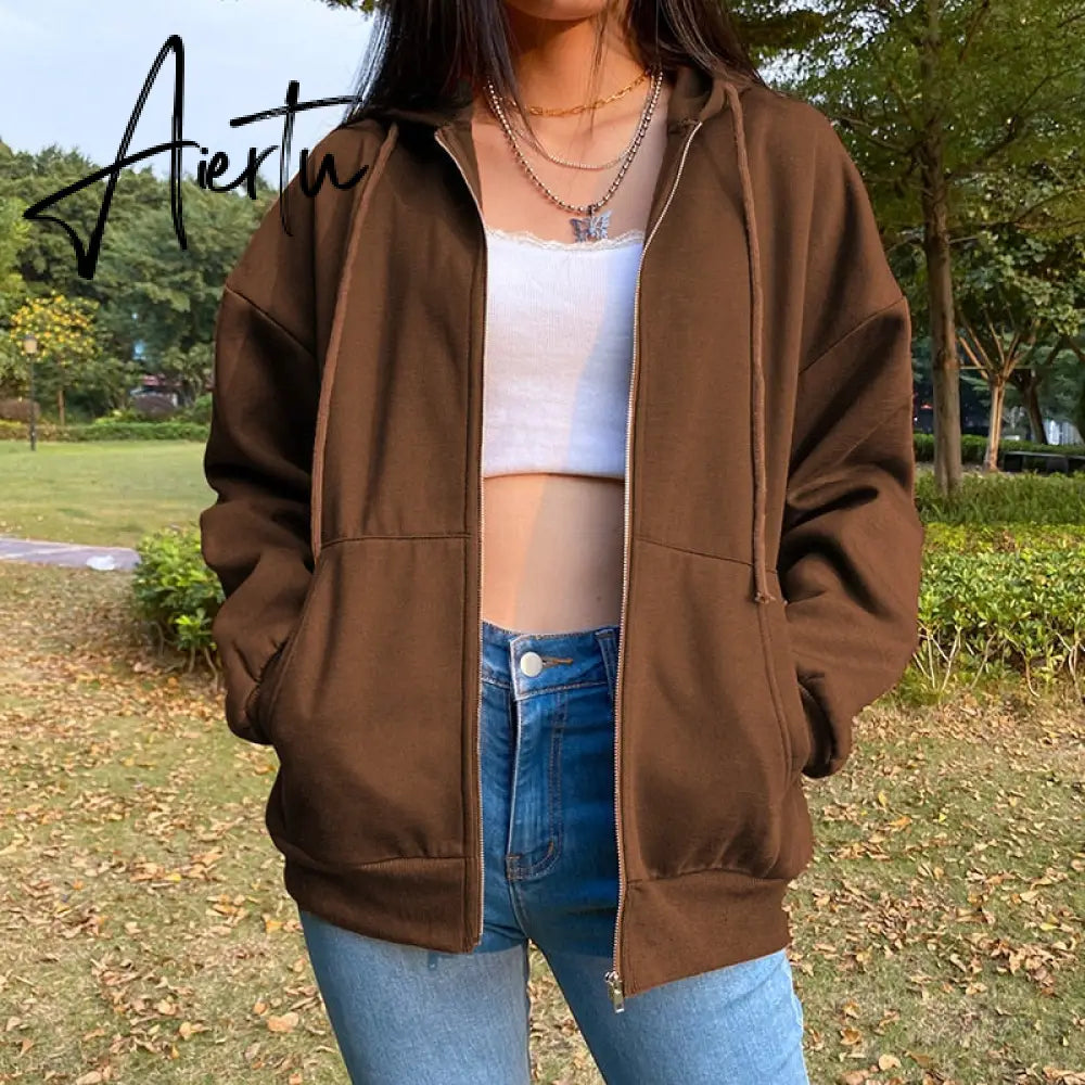 Aiertu Brown Zip Up Hooded Sweatshirts Women Vintage Pockets Oversized Jacket Coat Autumn Female Y2K Aesthetic Long Sleeve Hoodie Aiertu