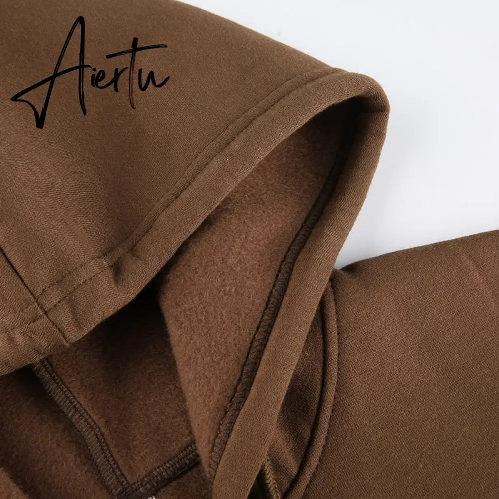 Aiertu Brown Zip Up Hooded Sweatshirts Women Vintage Pockets Oversized Jacket Coat Autumn Female Y2K Aesthetic Long Sleeve Hoodie Aiertu
