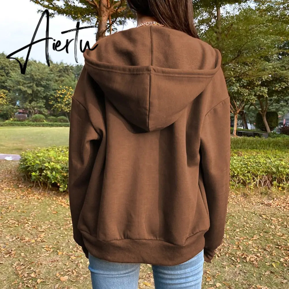 Aiertu Brown Zip Up Hooded Sweatshirts Women Vintage Pockets Oversized Jacket Coat Autumn Female Y2K Aesthetic Long Sleeve Hoodie Aiertu