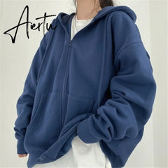 Aiertu Brown Zip Up Hooded Sweatshirts Women Vintage Pockets Oversized Jacket Coat Autumn Female Y2K Aesthetic Long Sleeve Hoodie Aiertu