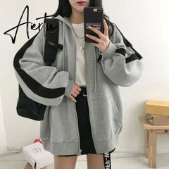 Aiertu Brown Zip Up Hooded Sweatshirts Women Vintage Pockets Oversized Jacket Coat Autumn Female Y2K Aesthetic Long Sleeve Hoodie Aiertu