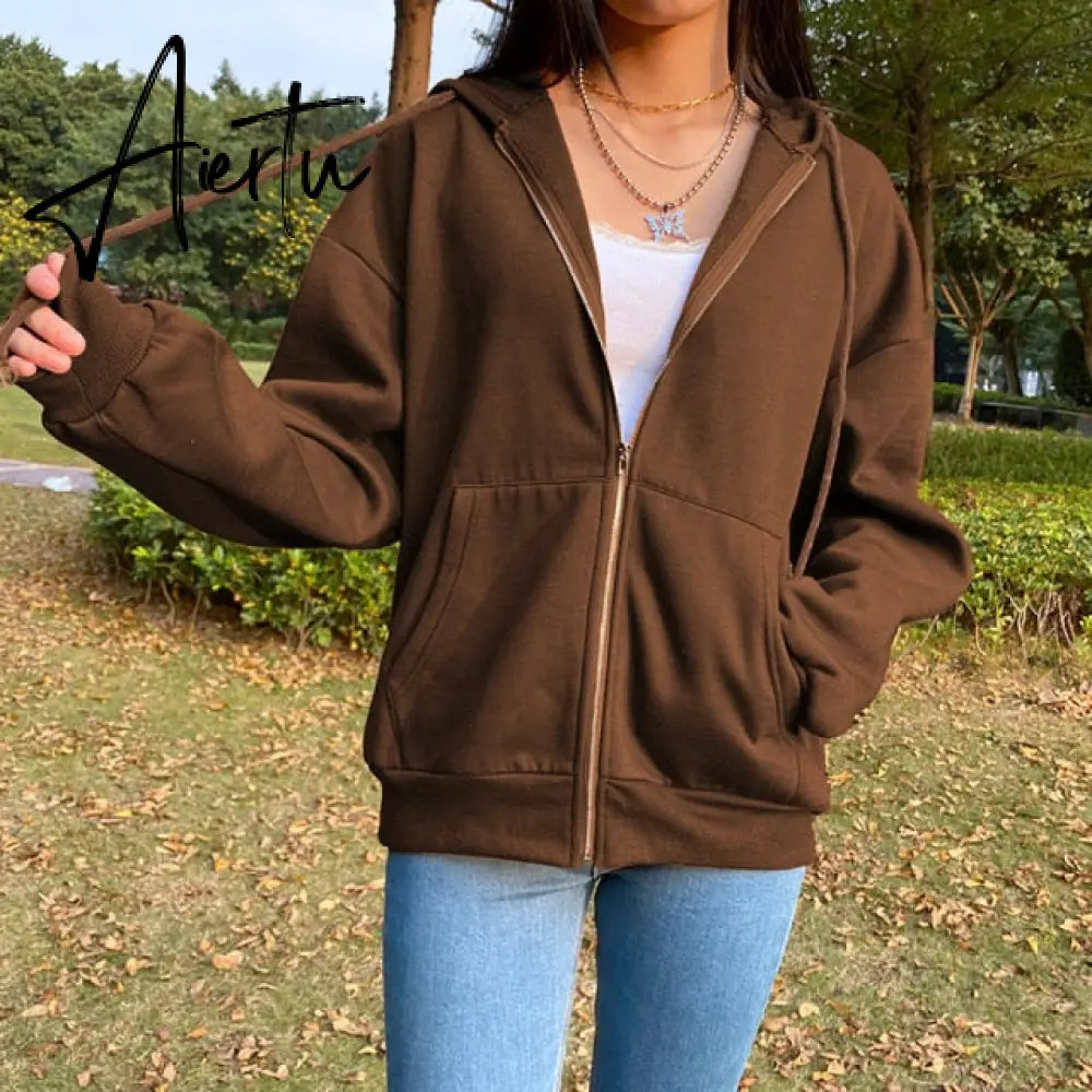 Aiertu Brown Zip Up Hooded Sweatshirts Women Vintage Pockets Oversized Jacket Coat Autumn Female Y2K Aesthetic Long Sleeve Hoodie Aiertu