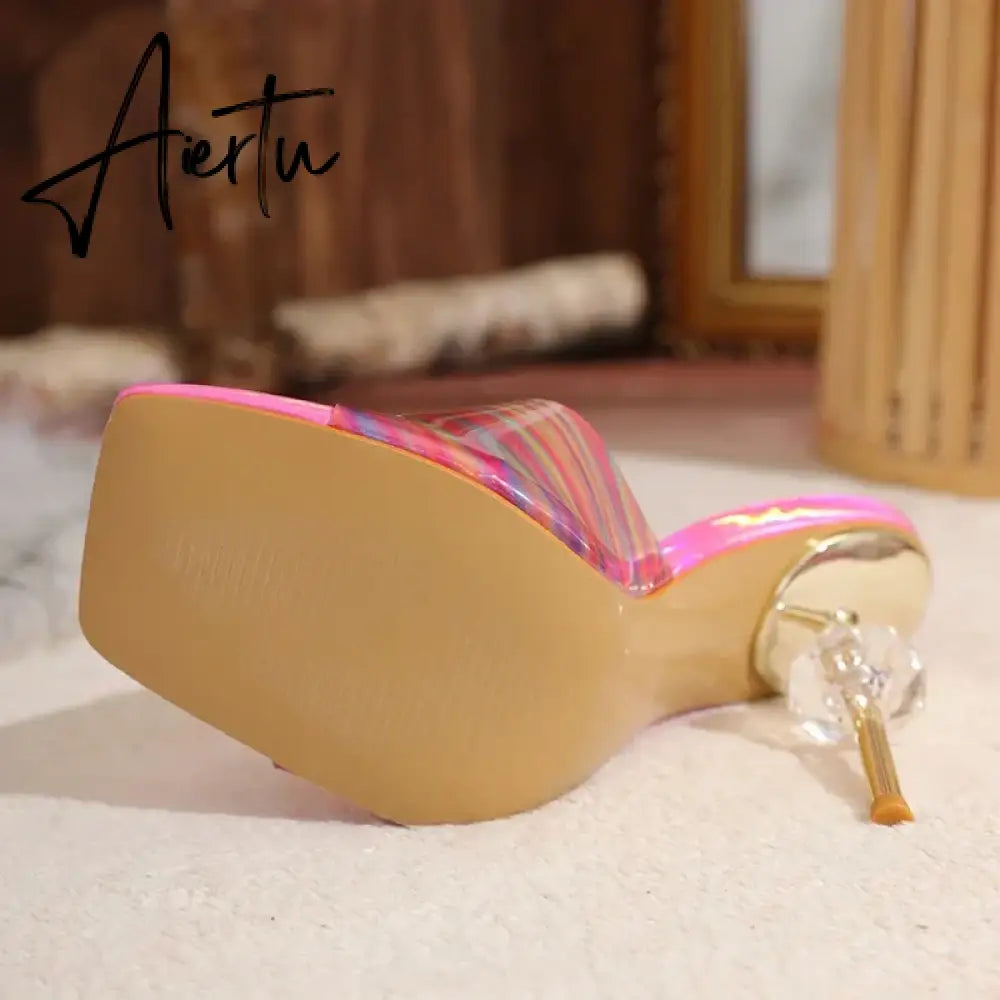 Aiertu Candy Color PVC Transparent Slippers for Women Sexy Square Toe Strange High Heels Sandals Summer Fashion Party Dress Shoes Slide Aiertu