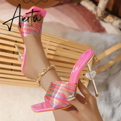 Aiertu Candy Color PVC Transparent Slippers for Women Sexy Square Toe Strange High Heels Sandals Summer Fashion Party Dress Shoes Slide Aiertu