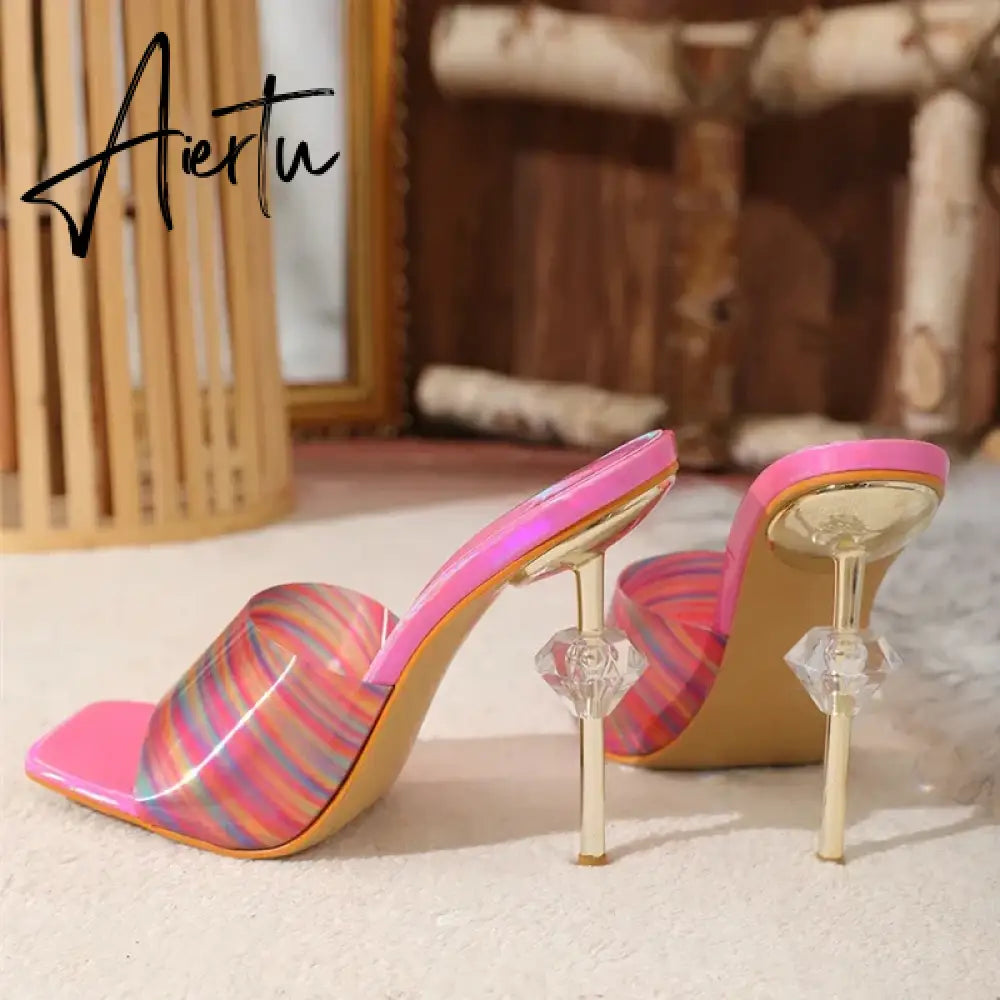 Aiertu Candy Color PVC Transparent Slippers for Women Sexy Square Toe Strange High Heels Sandals Summer Fashion Party Dress Shoes Slide Aiertu