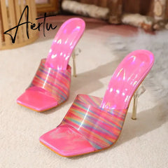 Aiertu Candy Color PVC Transparent Slippers for Women Sexy Square Toe Strange High Heels Sandals Summer Fashion Party Dress Shoes Slide Aiertu