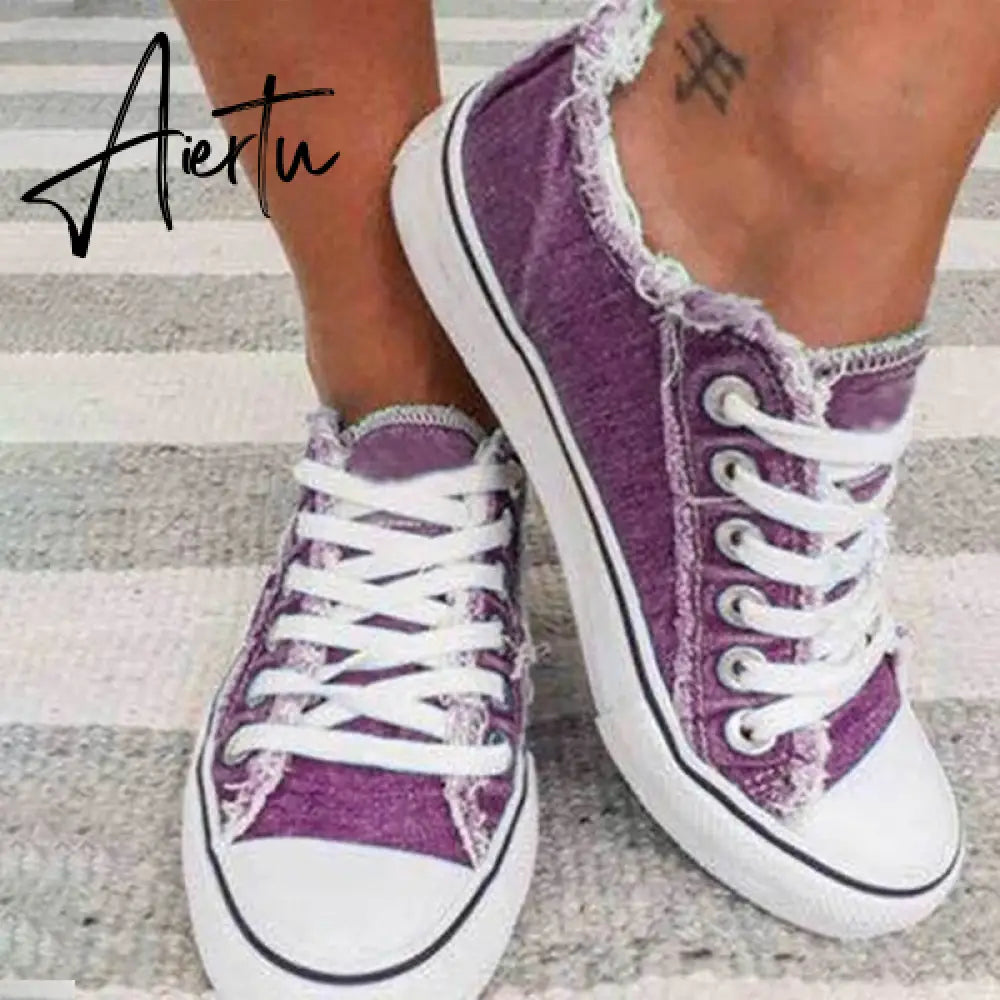 Aiertu Canvas Shoes for Women Fashion Lace Up Flat Sneakers Solid Color Casual Ladies Vulcanized Shoes Plus Size Zapatillas Mujer Aiertu