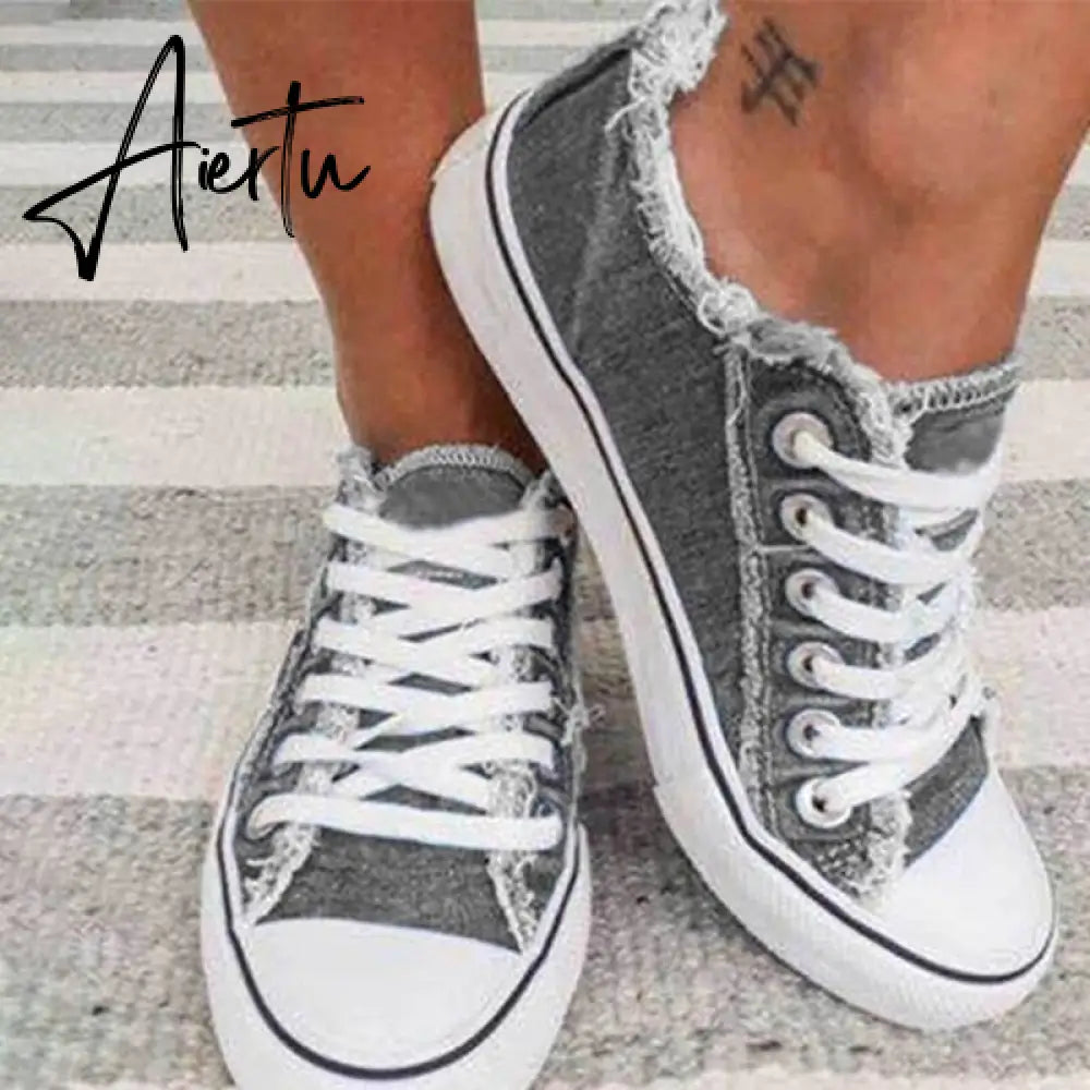 Aiertu Canvas Shoes for Women Fashion Lace Up Flat Sneakers Solid Color Casual Ladies Vulcanized Shoes Plus Size Zapatillas Mujer Aiertu