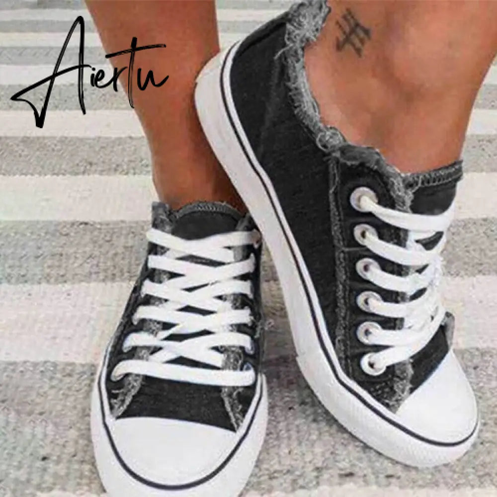 Aiertu Canvas Shoes for Women Fashion Lace Up Flat Sneakers Solid Color Casual Ladies Vulcanized Shoes Plus Size Zapatillas Mujer Aiertu