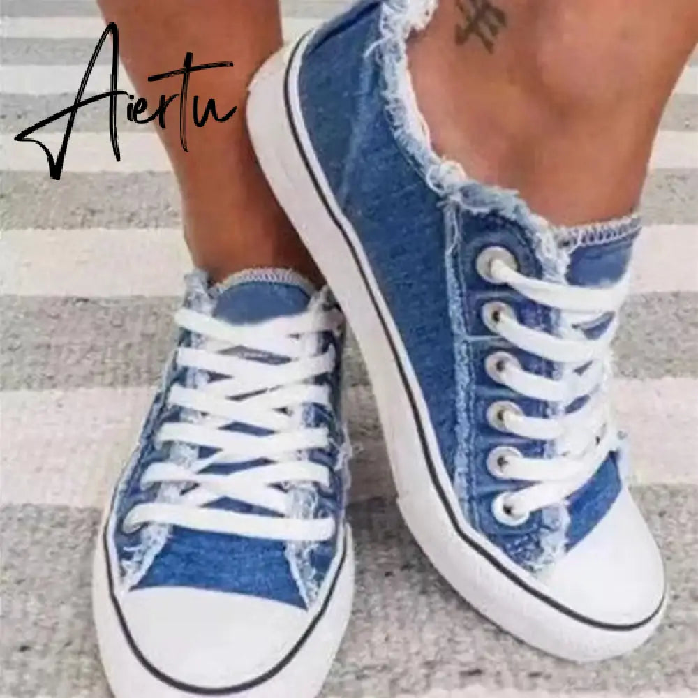 Aiertu Canvas Shoes for Women Fashion Lace Up Flat Sneakers Solid Color Casual Ladies Vulcanized Shoes Plus Size Zapatillas Mujer Aiertu